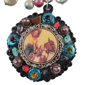 Vintage  Necklace Yousi Western Horse Rider Equestrian Medallion Beads Baubles